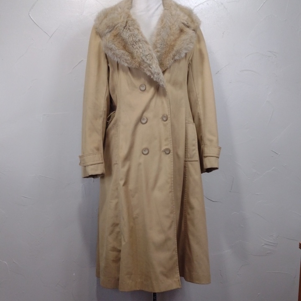Vintage Bonders Tan Double-Breasted Faux Fur Collar Coat Women's Large
